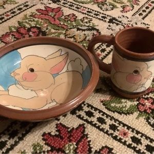 Handmade/hand painted terra-cotta 🐰 bowl and cup